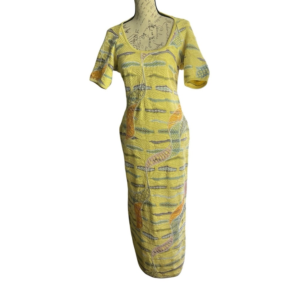 VTG Coogi 3D Knit Textured Dress Med Fitted Open Back Cutout Lace Up Neck Yellow
